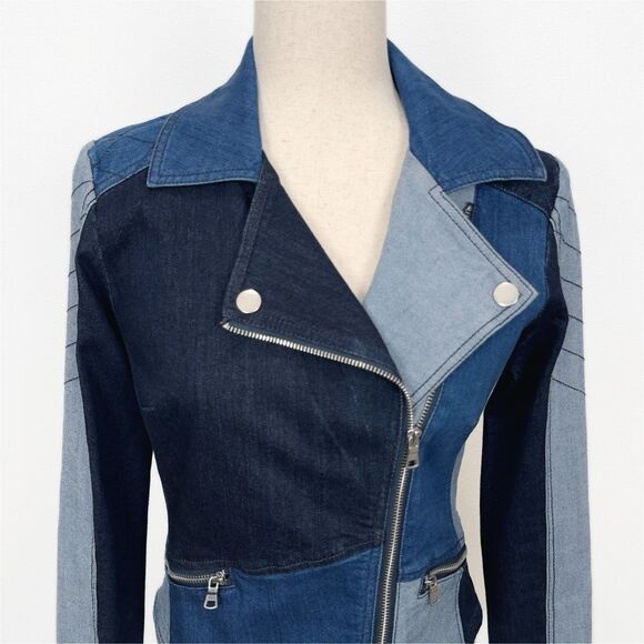Denim Patchwork Moto Jacket Womens XS Blue Moto Festival‎ Y2K Western Cowgirl - Picture 2 of 16